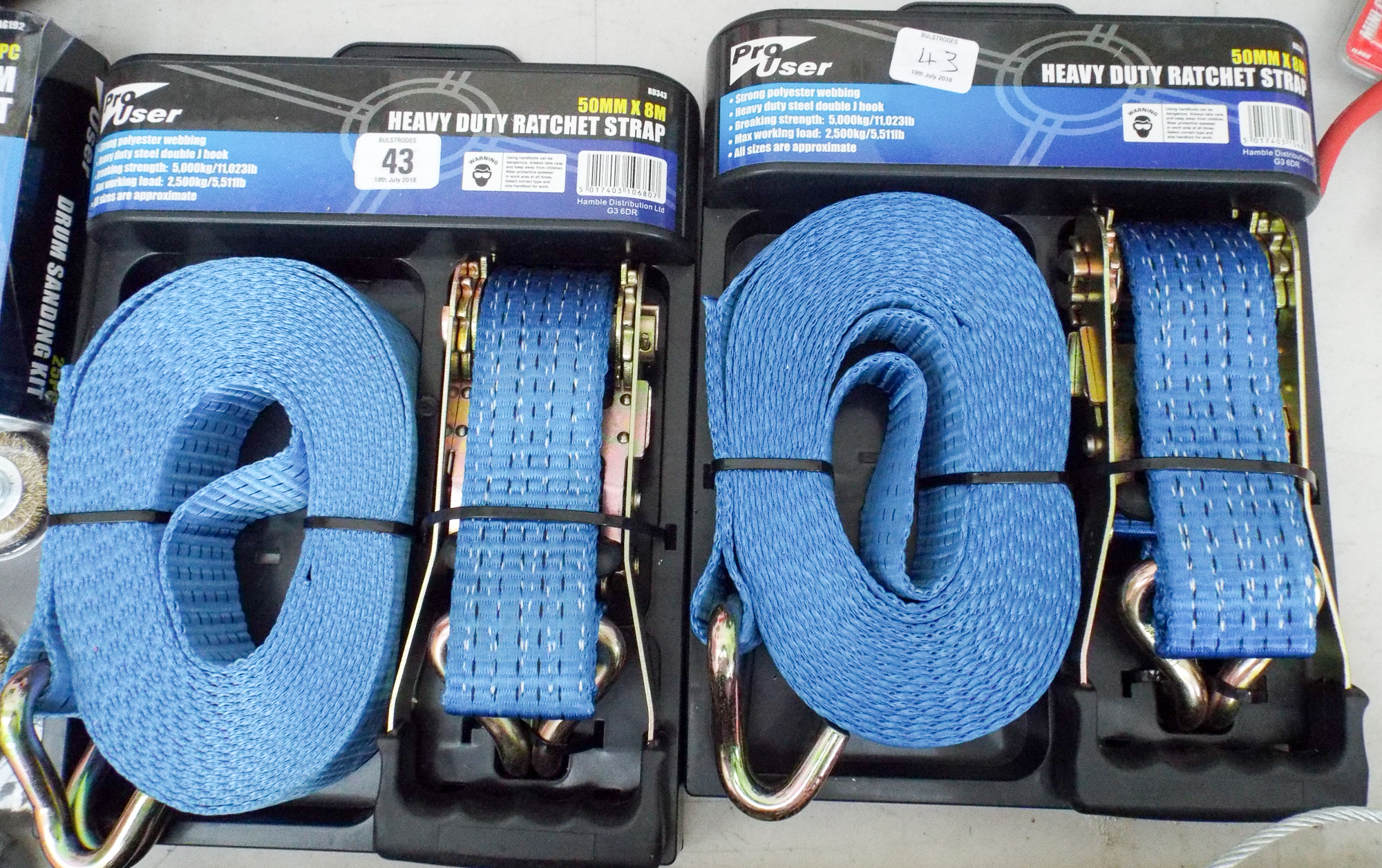 Two new heavy duty ratchet straps 50mm wide by 8 metres long