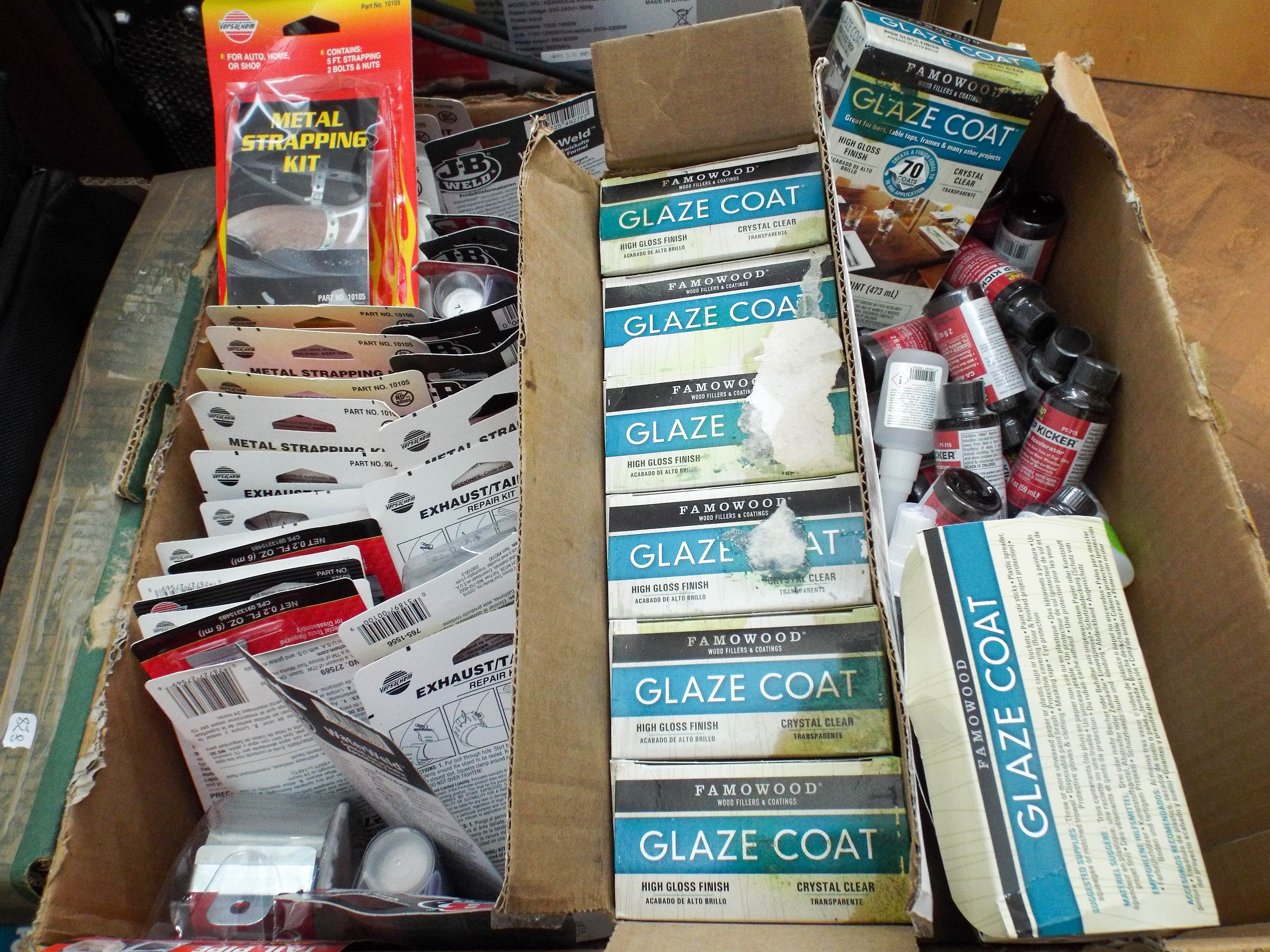 A very large box of metal strapping kits, glaze coat, zip kicker,