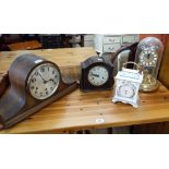 A collection of clocks to include anniversary clock beneath dome,