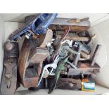 A box of old wood planes and other woodworking tools etc