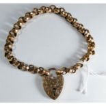 Victorian 9ct rose gold belcher link chain bracelet with engraved heart shaped padlock,
