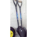 A new all steel square shovel and a tapered shovel