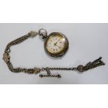 A 19th century Swiss silver fob watch in floral engraved case with fancy Albertine chain, T-bar,