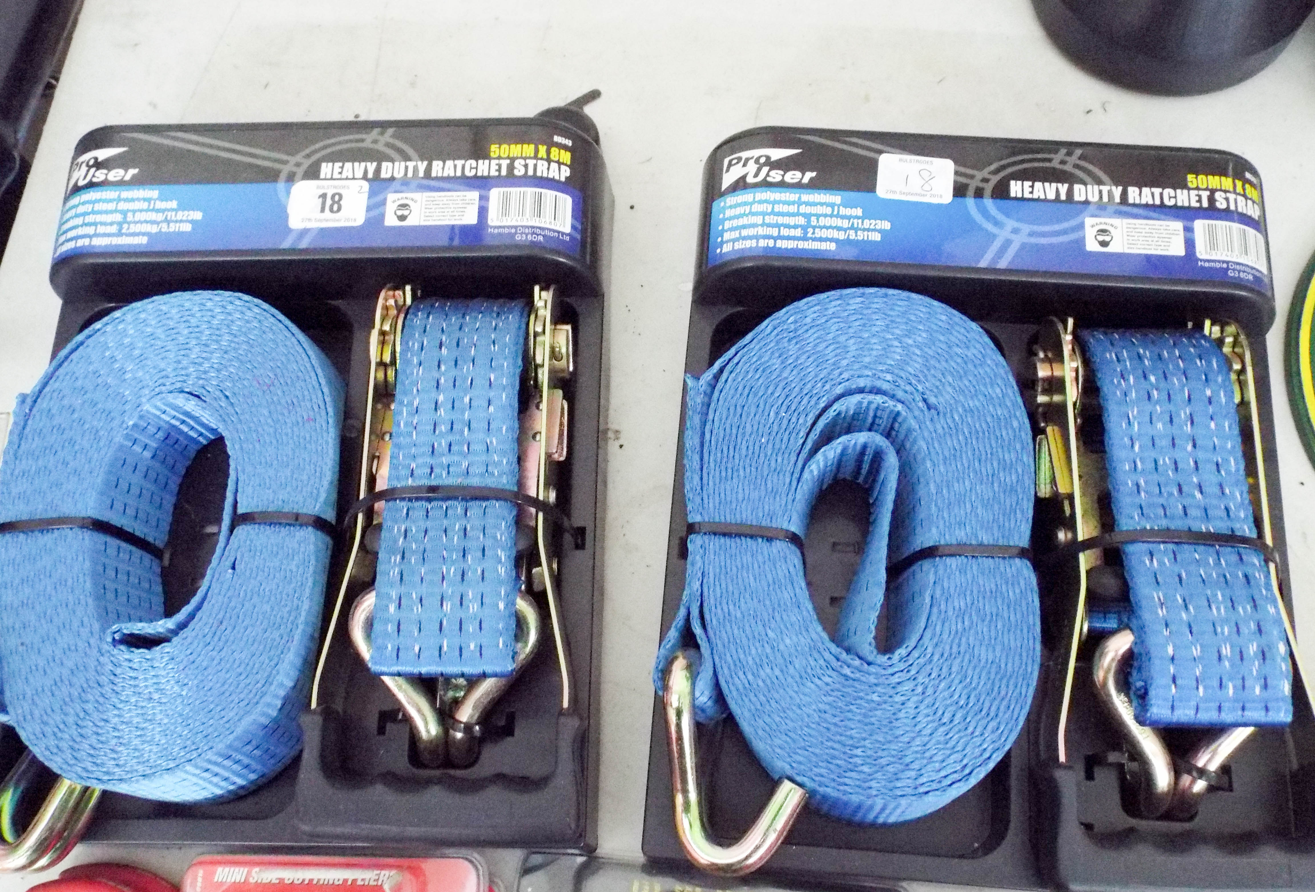 Two new heavy duty ratchet straps 50mm wide by 8m long