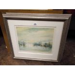 A pair of framed signed coloured prints river scenes and three others in gilt frames