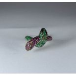 9ct gold intertwined snake design ring, set with emeralds and rubies.