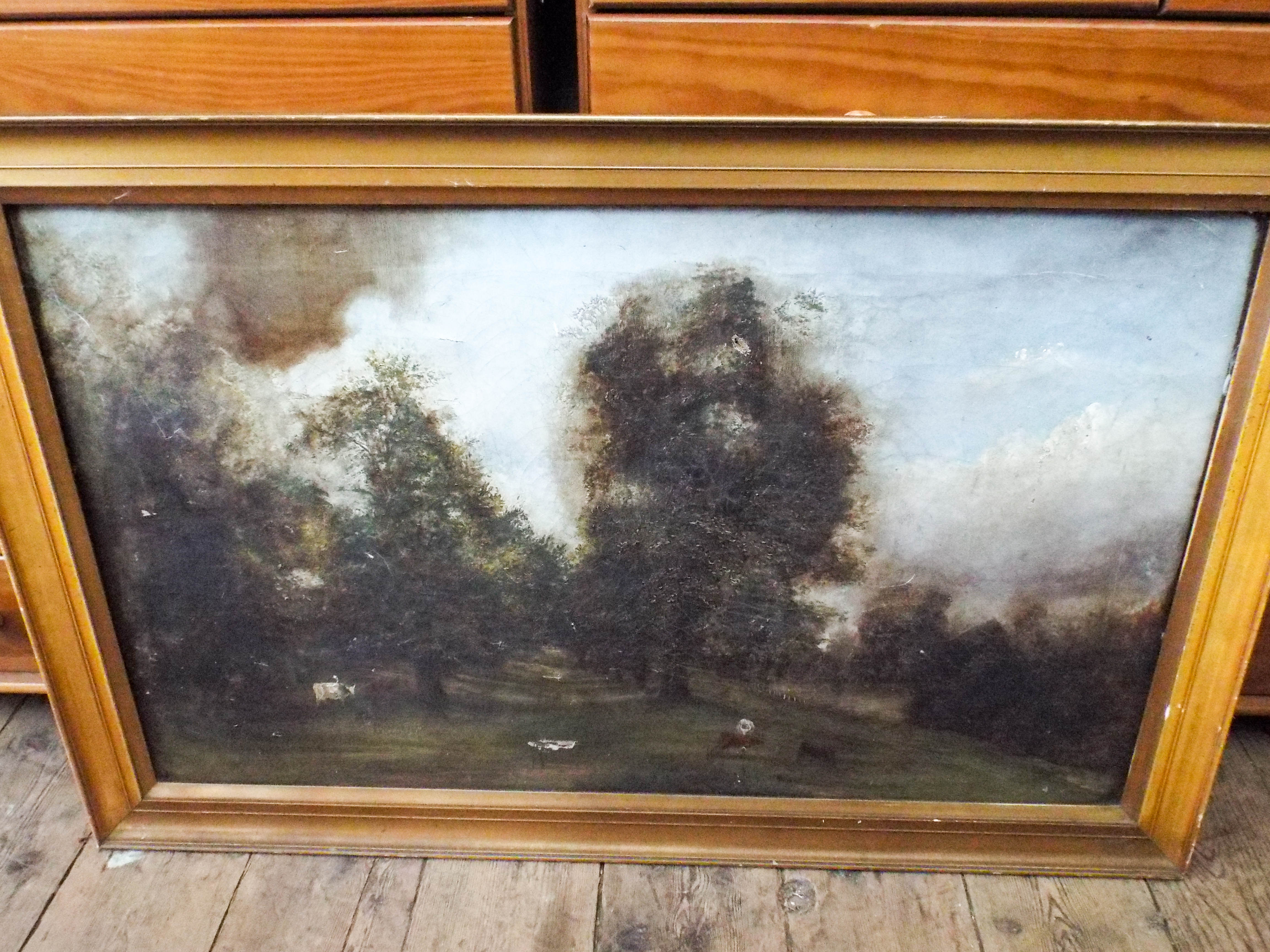 An oil on canvas of a primitive parkland scene with cattle grazing