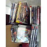 A box containing chess set, various electrical leads, DVDs,