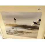 A pair of framed coloured prints of shore and boating scenes