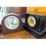 A black slate mantel clock and a 1930's oak dome top mantel clock