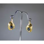 pair of 18 carat yellow gold drop earrings, set with oval dark sapphires and diamonds,