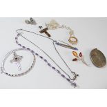 A collection of silver and paste set jewellery - bangle, line bracelet, agate cross pendant etc.