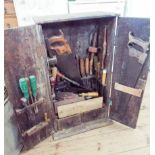 An old pine tool box and various carpentry tools