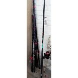 A 10' sea fishing rod with multiplier reel and four other fishing rods