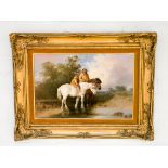 A Victorian oil on board of Farmer with child crossing a ford in the style of Shayer ,