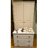 A 3' modern white two door wardrobe with three drawers under and a similar chest of three long