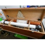A 3' Refracting astronomical telescope in large fitted wooden box with wooden tripod stand etc