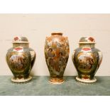 A pair of Vienna china porcelain jars with lids (finial's broken on both lids) and a Satsuma vase
