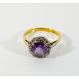 18ct yellow gold amethyst and diamond circular cluster ring,