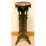 Hexagonal carved oriental plant stand on tripod base 39" tall