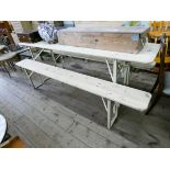 A metal framed stripped pine trestle style table with a pair of matching bench seats 7'3 long and