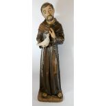 A tall plaster figure of St Francis of Assisi with white dove 23" tall