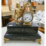 French gilt figure mounted striking mantle clock on black marble base
