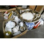 Four large boxes of glass, china, ornaments, sheep ornaments, meat plates, ginger jars,