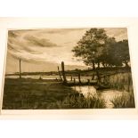 Charles Henry Baskett - a collection of seven etchings to include Sussex marsh land,