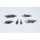 Four silver bar brooches set with amethyst lapis etc and a pair of similar earrings