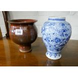 An Art pottery brown glazed pedestal bowl with impressed mark and signature to base and a 19th