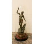 A Victorian spelter figure of Ondine under a glass dome 20" tall overall