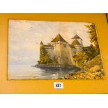 A late 19th century watercolour of a Schloss, Old Walls the Castle of Chillion by G Alington,
