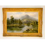 William Langley oil on canvas of a Highland landscape scene with river flowing through it,