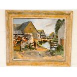 Oil on board painting of cattle in a farmyard, signed lower right H M Price,