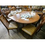 1960's/70's oval teak extending dining table with centre leaf and six matching chairs with slat