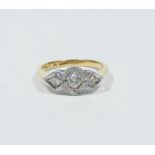 Art Deco 18ct gold and platinum mounted three stone diamond ring,