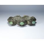 Vintage Chinese silver wire work and filigree panel bracelet set with cabochon jade