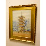 A early 20th century Japanese watercolour depicting a Pagoda,