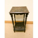 Two tier square Victorian carved oak occasional table and a smaller carved table