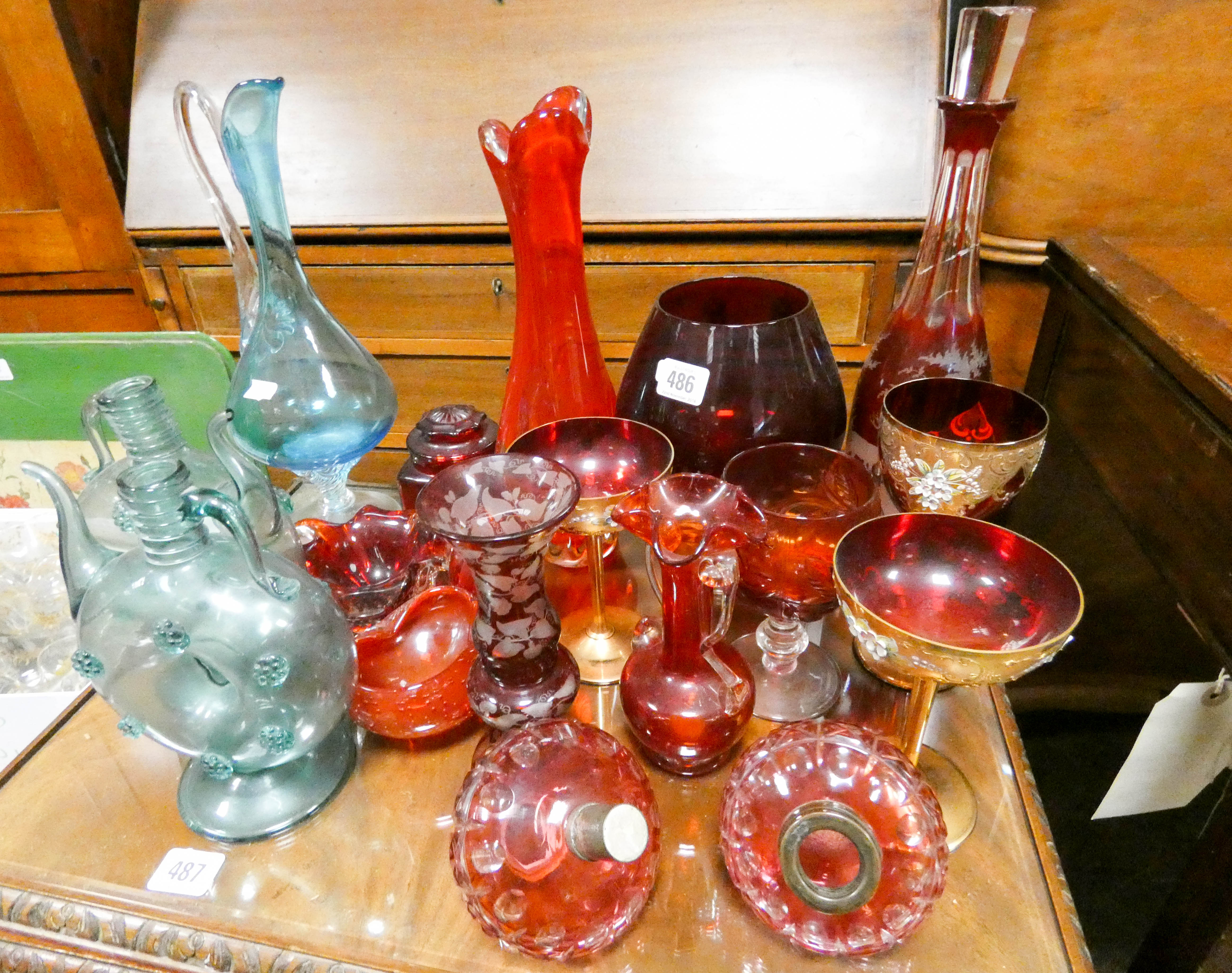 Various miscellaneous pieces of ruby glass, green glass decanter, wine bottles,