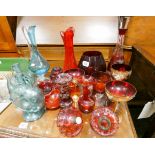 Various miscellaneous pieces of ruby glass, green glass decanter, wine bottles,