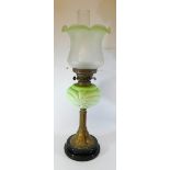 Victorian brass column oil lamp with green bowl and glass shade Condition Report;