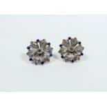 A pair of vintage sapphire and diamond flower cluster ear studs,