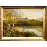 A pair of late Victorian oil painting of river scenes in gilt frames and an unframed painting