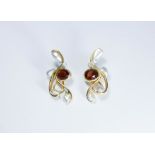 A pair of handmade 18ct yellow gold garnet and baroque pearl ear clips, stamped 18ct, length 3.