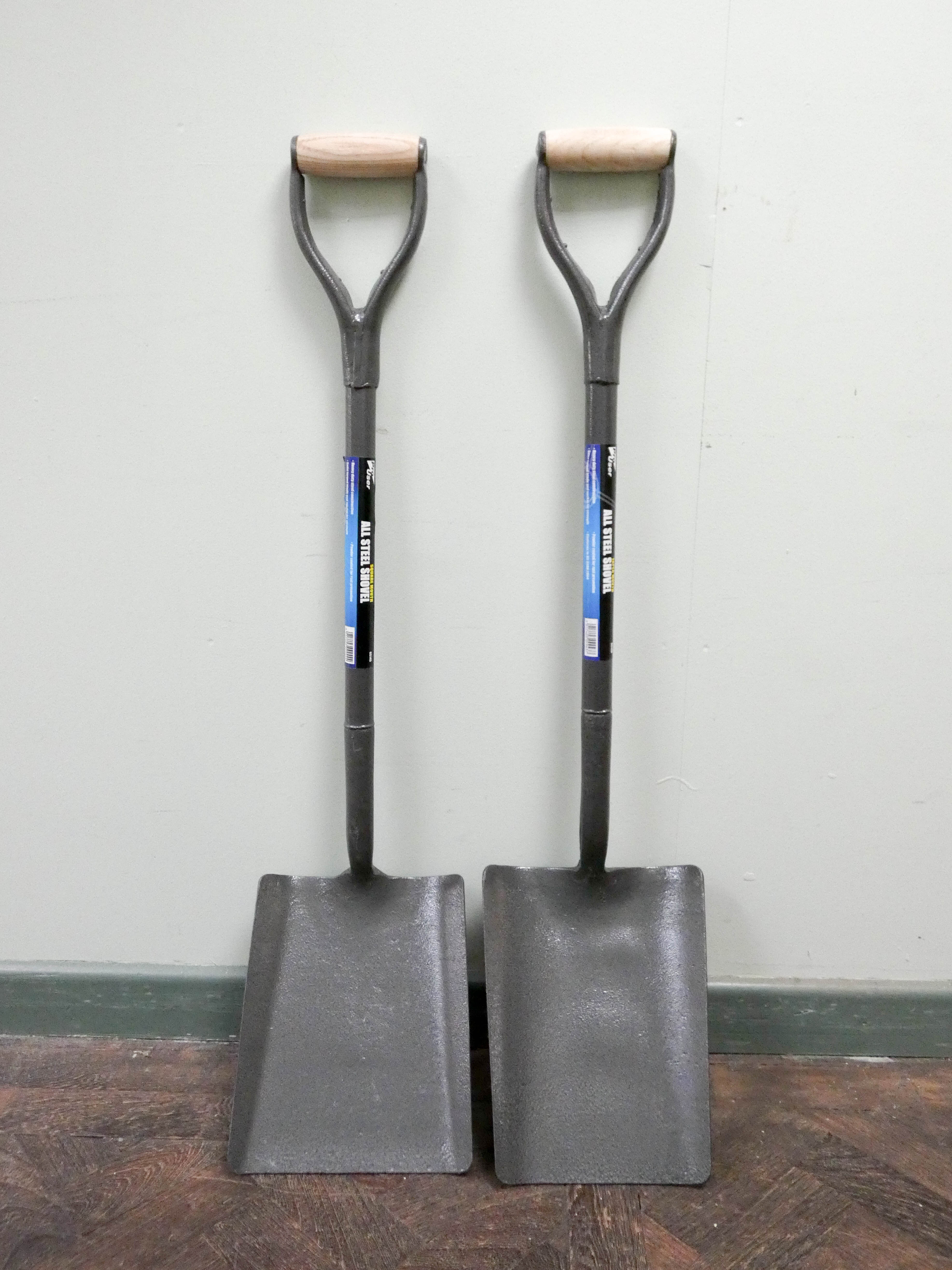 A new all steel square mouth shovel and a new all steel taper mouth shovel