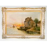 William Langley late 19th century oil on canvas painting of mending the nets at sunset,
