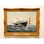 Rodney Charman oil on canvas of a motor launch off the needles,