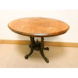 A Victorian oval inlaid walnut centre table on quadruple style base 3' wide